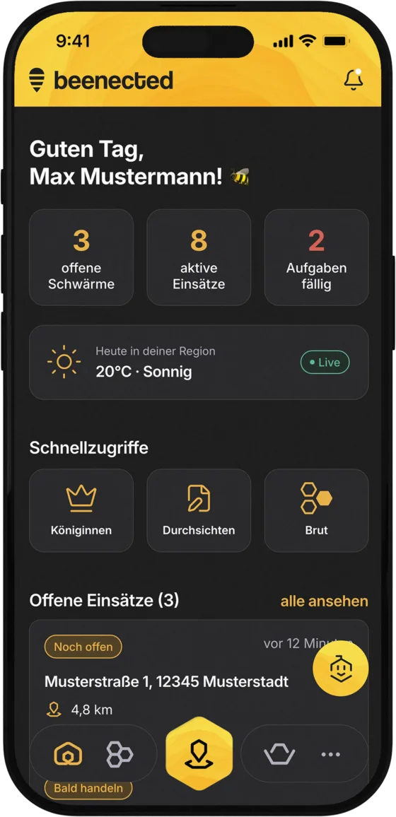 beenected-App: Dashboard mit offenen Schwärmen und Einsätzen